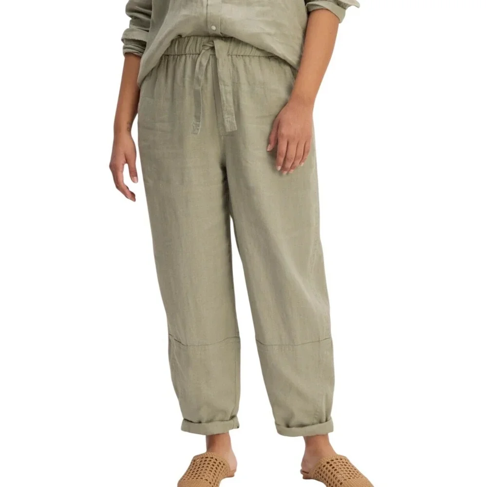 Everlane THE LINEN PULL-ON BARREL PANT Size L Sage Green Linen Drawstring